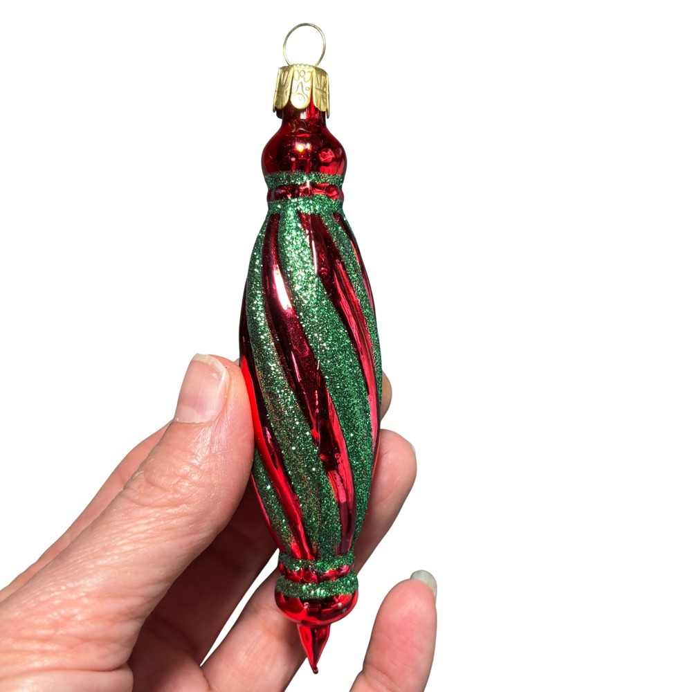 Christmas Ornament Red Green Glitter Spiral‎ Glass Finial 4.5 Inch